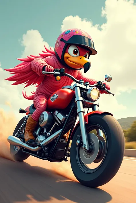 Anime caricature of a flamingo wearing a motocross helmet and riding a fast Harley motorcycle, driving away