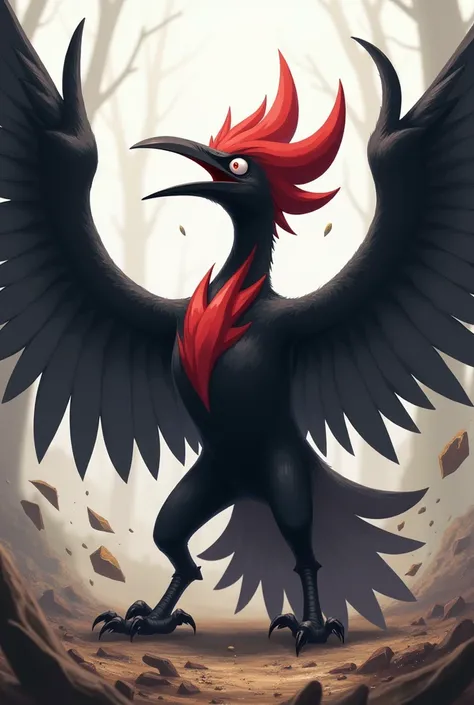 An enraged woodpecker with its wings spread, With a long, open beak, like the beak of the Pokémon Zapdos, with a body in shades of black and gray and a head with red and black feathers