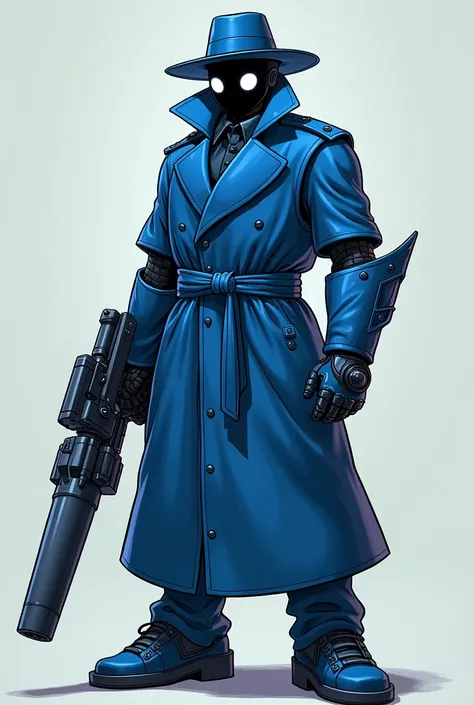 A comic-themed humanoid robot, wearing a closed blue trench coat, a blue fedora hat, a mask without details instead of a blue-colored face with two unique white eyes and an energy cannon as its left arm 