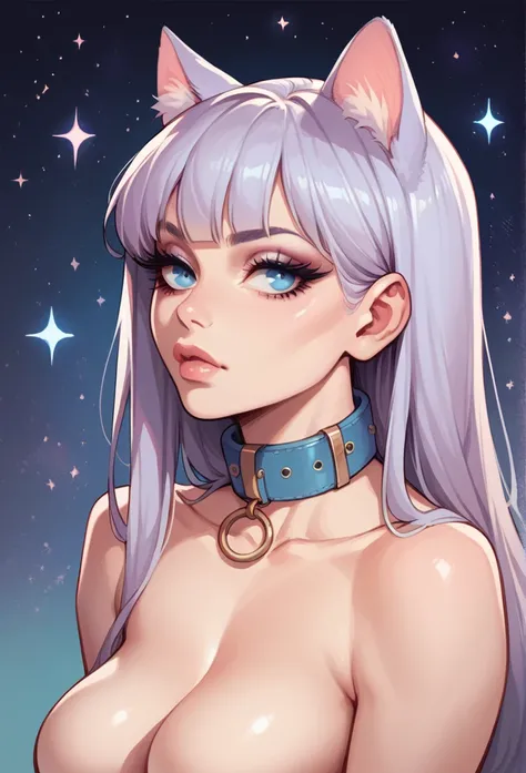 1girl, cat ears, long hair, bangs, light purple hair, gorgeous blue eyes, eyeliner, long lashes, collar, breasts, starry background