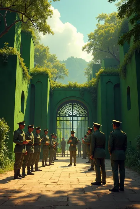 A large place with high green walls, with a green gate and several Brazilian soldiers from the 1930s standing guard, some talking and holding documents