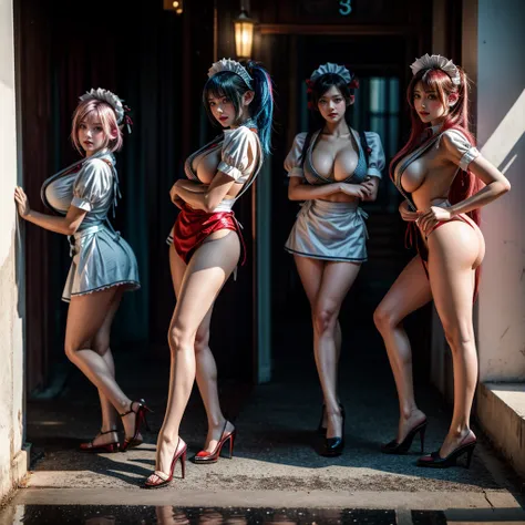 (Full Body of Extremely Detailed((Sexy Maid Group in a row:1.37))), KAWAII perfect face, Reflective Eyes, Detailed(Delicate Clothing textures), Correct Leg Line, Dynamic Joyful Expressions LifeLike Rendering, Specular Reflection, TopQuality 8K Ultra-detail...