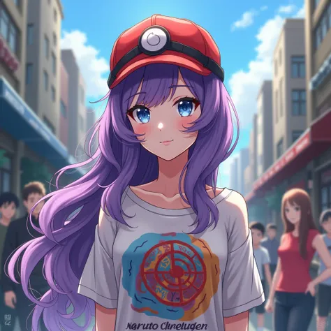 Female character, anime styling, cabelo roxo, long hair, pretty, skin fair, blue colored eyes, with a Pokémon Poké Ball hat, with naruto shippuden anime t-shirt, with diverse anime characters in the background

