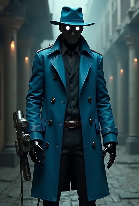 A comic noir-themed humanoid robot, wearing a closed blue trench coat, a blue fedora hat, a mask without details instead of a blue-colored face with two unique white eyes and an energy cannon as its left arm 