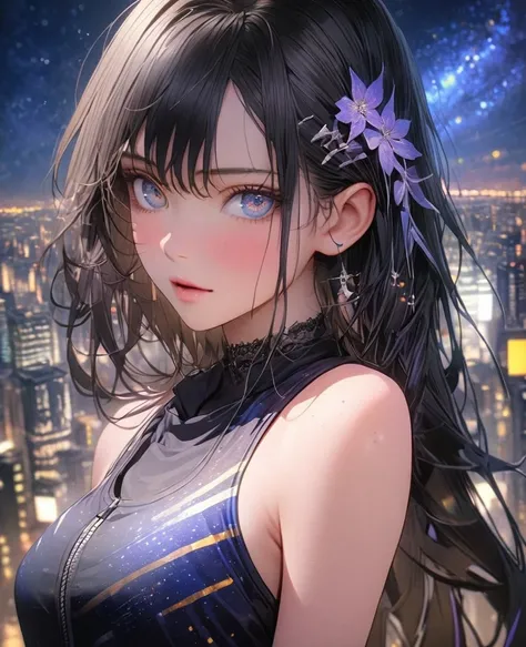 8k,Ephemeral beauty，Very delicate and beautiful,Beautiful and realistic skin,,Black Hair、Long and colorful hair,Beautiful Eyes,good,A beautiful starry night、Combat Uniform、tank、City of night
