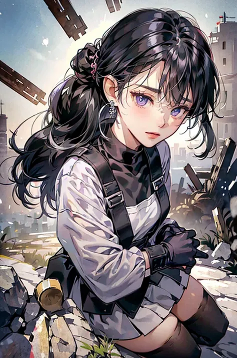 Anime Art、Hong Kong City Streets and Roads、Full body portrait、Modern street killer、Moonlit Ruins、Slim woman, height: about. 155cm, Around 15 years old, Wearing a black mini dress, Bare hands、Black over-the-knee socks、Ponytail Hairstyles、The eyes are covere...