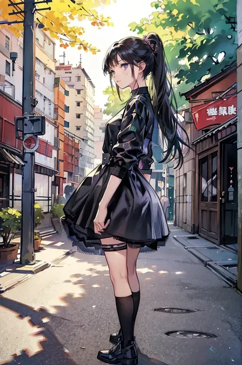 Anime Art、Hong Kong City Streets and Roads、Full body portrait、Modern street killer、Moonlit Ruins、Slim woman, height: about. 155cm, Around 15 years old, Wearing a black mini dress, Bare hands、Black over-the-knee socks、Ponytail Hairstyles、The eyes are covere...