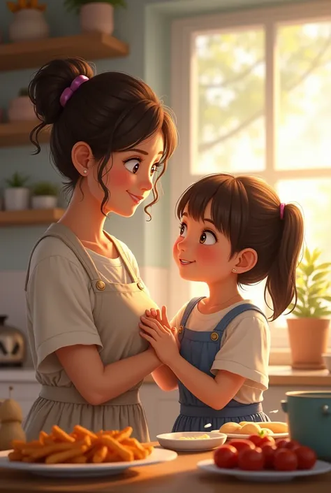 The pigtailed girl loves her mother very much. The pigtailed girl&#39;s mother is kind and cooks delicious food.  