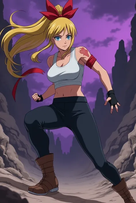 A woman with a defined physique,long yellow hair tied with a red ribbon,blue eyes,white cropped sleeveless t-shirt,a red ribbon on one of her arms near her shoulder,black pants stuck to his legs,Brown boots,fighting Madara Uchiha in a rocky area with the s...