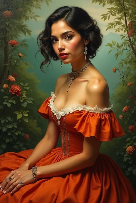 Oil painting of a Beautiful latina woman perfect body short brunette hair,  dressed in elegant victorian era 19th century American colorful conservative formal studio lighting,  beautiful outdoor paradise background 