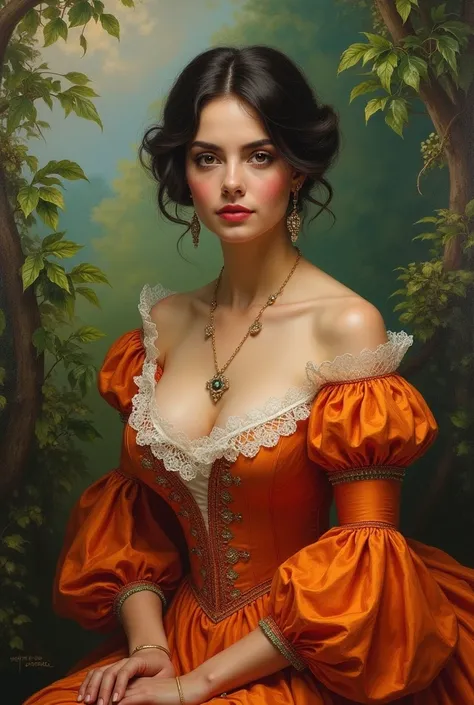 Oil painting of a Beautiful latina woman perfect body short brunette hair,  dressed in elegant victorian era 19th century American colorful conservative formal studio lighting,  beautiful outdoor paradise background 