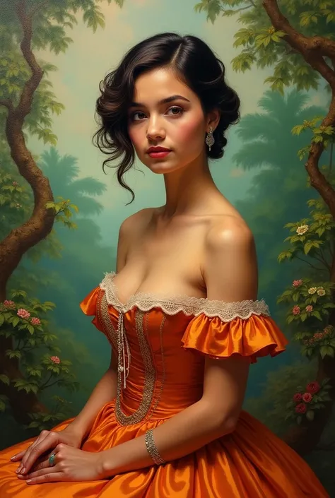 Oil painting of a Beautiful latina woman perfect body short brunette hair,  dressed in elegant victorian era 19th century American colorful conservative formal studio lighting,  beautiful outdoor paradise background 