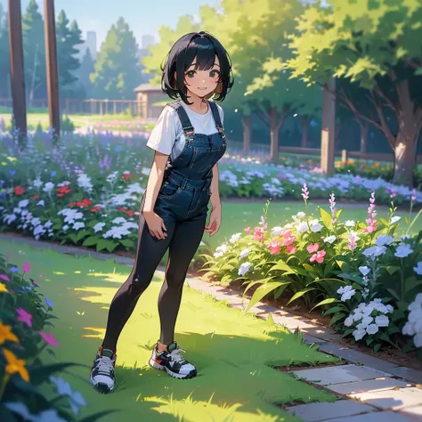 (high quality, High resolution, Very detailed, reality:1.37), Peaceful atmosphere, (Outdoor, garden), Teenage girl standing alone, (my breasts are big.), Beautiful details, Cute Smile, (Black bob hair), Short sleeve shirt, Overalls, Black tights, sneakers.