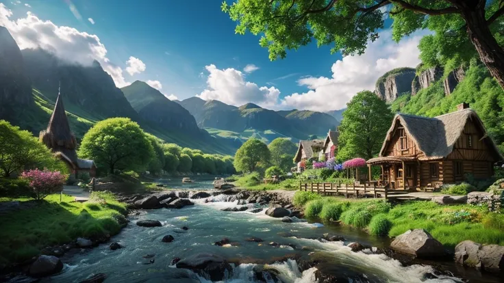 Irish Village,  mystical nature, Rivers, Mountains and forests, waterfall, cloud, Photorealistic photos, It&#39;s not 8k. Aerial view.