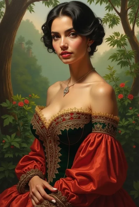 Oil painting of a Beautiful latina woman perfect body short brunette hair,  dressed in elegant victorian era 19th century American colorful conservative formal studio lighting,  beautiful outdoor paradise background 