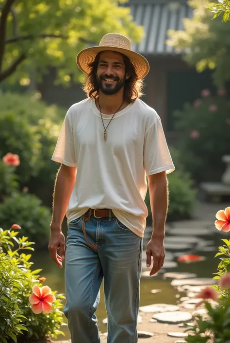 Jesus Christ walking in a Japanese garden. He looks wise and wise and laughs happily. His face conveys deep wisdom and empathy, exuding warmth and understanding. He wears a white T-shirt, jeans, and a straw hat. Jesus of Nazareth is depicted as a gentle, g...