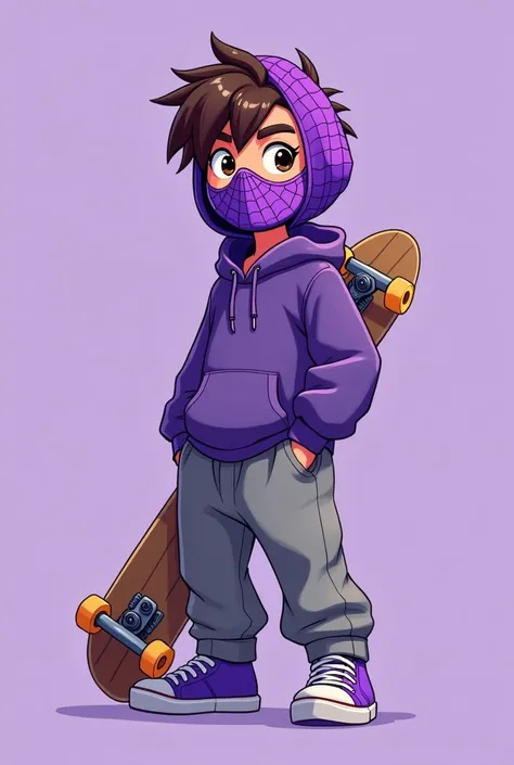 a cartoon male drawing with a purple spiderman mask, wearing loose gray pants, a purple hoodie, and purple shoes, com um skate, brown hair and eyes, with a plain purple background