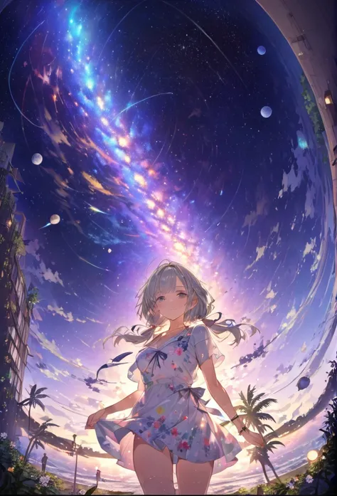 Highest quality　masterpiece　High resolution　masterpieceグレーアイズ　Low Twintails、casual summer outfit　、flowerpunk、universe、Sparkling light particles、Vivid gradient effect