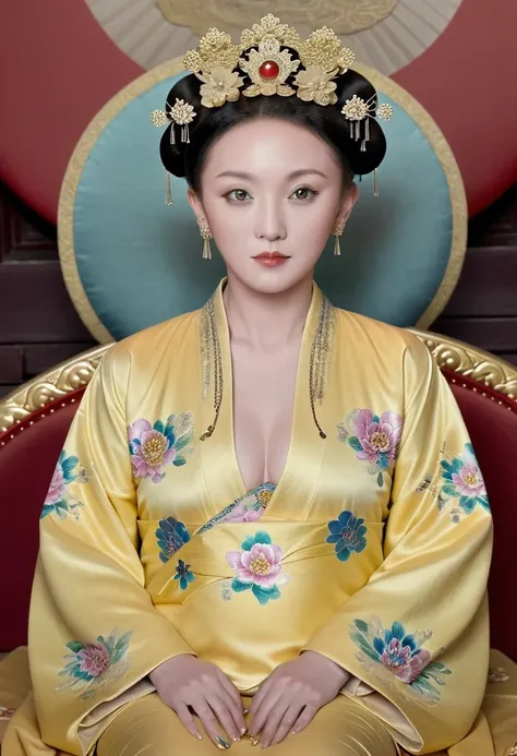 From the pre-Qing period, The Empress is naked on the gold sofa in the palace, Her eyes are wide open, Her legs were spread, big naked breasts. At the Chinese court during the Qing Dynasty, Empress of the Qing Dynasty, Empress of China, Wearing a large cro...