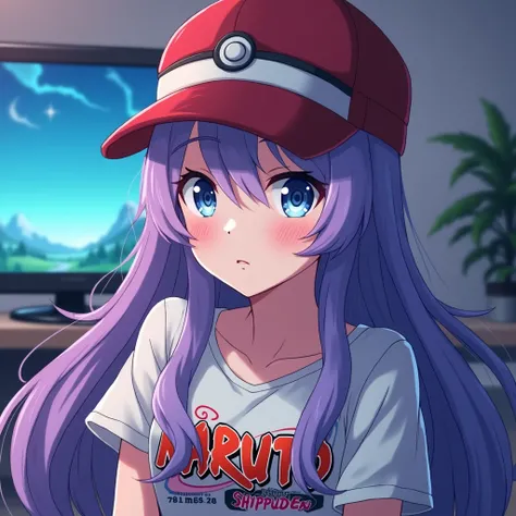 Female character, anime styling, cabelo roxo, long hair, pretty, skin fair, blue colored eyes, with a Pokémon Poké Ball hat, with naruto shippuden anime t-shirt, in a gamer room watching anime
