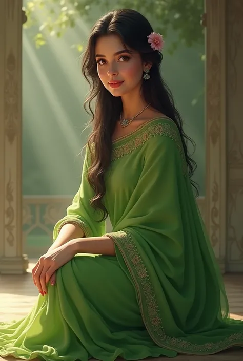 A girl sitting in the middle wearing a green saree her name is Sumaiya