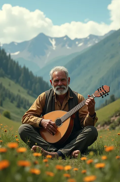 Create an image of a man sitting and playing his charango in the countryside.
