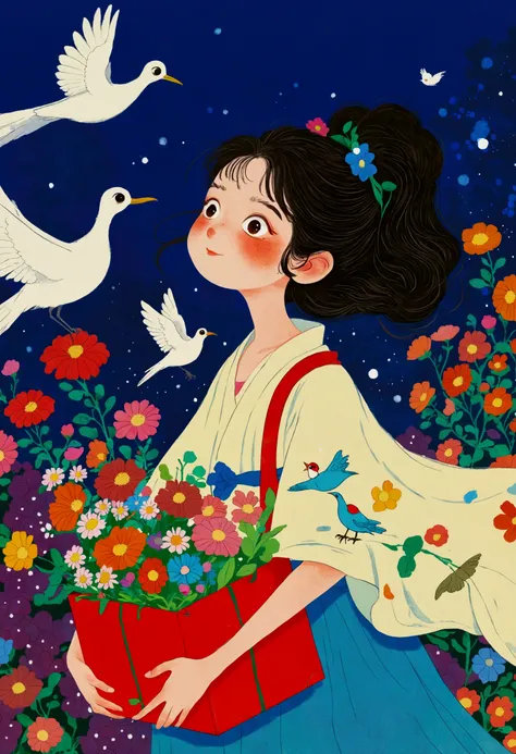 Cartoon girl carrying a box with flowers and birds flying around, Anime Cover, The art style of Dragon King, author:Nobutada Yanagawa, Inspired by Takehisa Yumeji, Ghibli art style, Miyazaki's style, studio Ghibli art style, Ghost Festival, Ghibli colo...