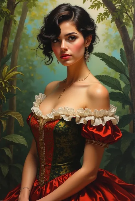 Oil painting of a Beautiful latina woman perfect body short brunette hair,  dressed in elegant victorian era 19th century American colorful conservative formal studio lighting,  beautiful outdoor paradise background 