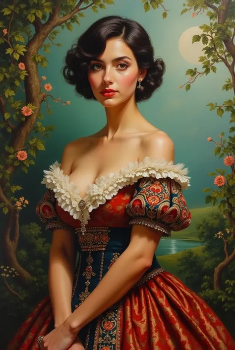 Oil painting of a Beautiful latina woman perfect body short brunette hair,  dressed in elegant victorian era 19th century American colorful conservative formal studio lighting,  beautiful outdoor paradise background 