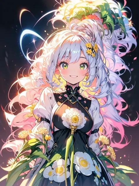 Masterpiece、smile、Anime Girls, White Hair、 Green Eyes、Cute Anime Girls、smile、((Yellow dandelion))、fractal art、Gwaiz、garden、Flower garden