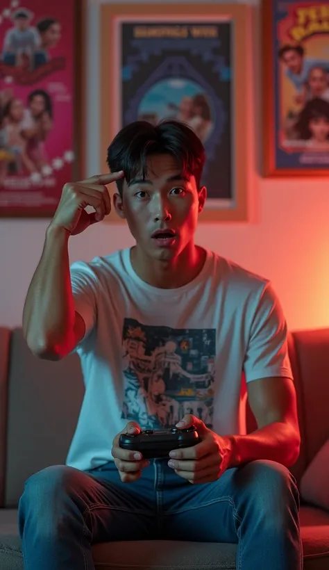 photorealistic, best quality, masterpiece, extremely detailed, (side view), extremely handsome, 30 year old borneo man, no facial hair, muscular build, wearing 8bit graphic tshirt, surprised expression, (looking directly at camera), holds a video game cons...