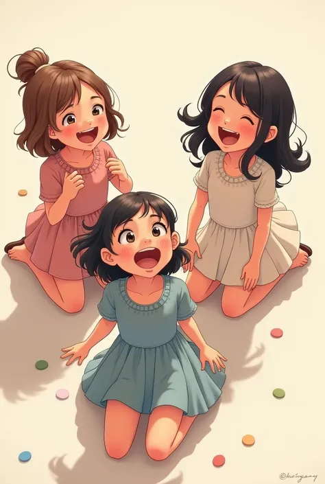 Three older children, wearing short dresses, smiling with very wide open mouth, kneeling on floor, viewed from above