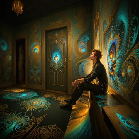 painting of a man sitting on a ledge looking at a wall with photos, illumination tripping on dmt, estilo and mumford e alex gray, doors of perception, dmt entities, dmt background, psychedelic art of illusion, hyper-detailed visionary art, art in perspecti...