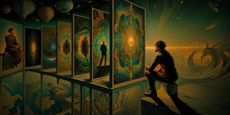 painting of a man sitting on a ledge looking at a wall with photos, illumination tripping on dmt, estilo and mumford e alex gray, doors of perception, dmt entities, dmt background, psychedelic art of illusion, hyper-detailed visionary art, art in perspecti...