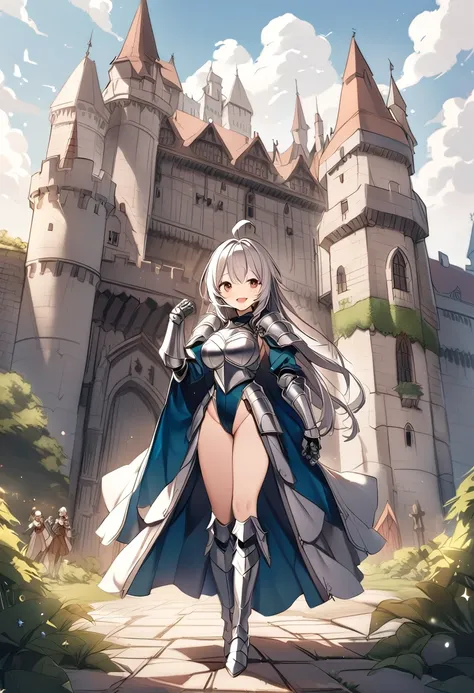 Woman knight、a beauty girl、huge tit、Excellent style、Nice Buddy、glamorous、leotard、s Armor、Bra chest armor、knee boots、gauntlets、hair adornments、silber hair、Longhaire、Ahoge、a medieval castle、is standing、full body seen、Outside the castle、natta、a smile、slightly...