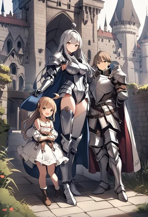 Woman knight、a beauty girl、huge tit、Excellent style、Nice Buddy、glamorous、leotard、s Armor、Bra chest armor、knee boots、gauntlets、hair adornments、silber hair、Longhaire、Ahoge、a medieval castle、is standing、full body seen、Outside the castle、natta、a smile、slightly...