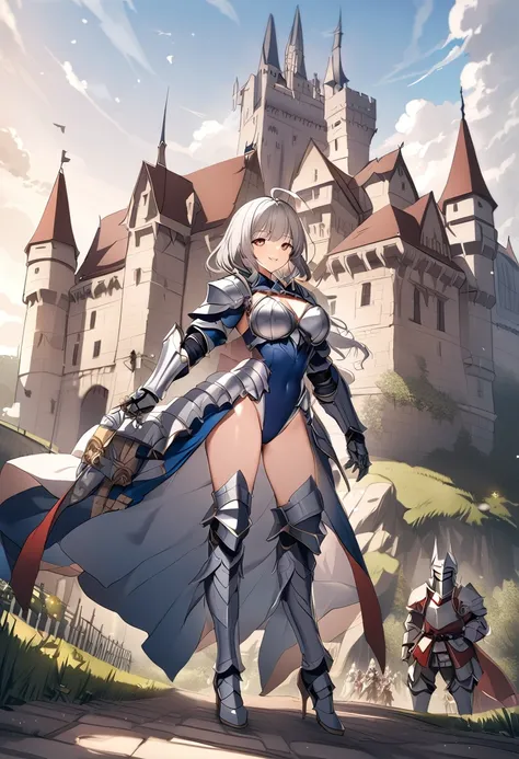 Woman knight、a beauty girl、huge tit、Excellent style、Nice Buddy、glamorous、leotard、s Armor、Bra chest armor、knee boots、gauntlets、hair adornments、silber hair、Longhaire、Ahoge、a medieval castle、is standing、full body seen、Outside the castle、natta、a smile、slightly...