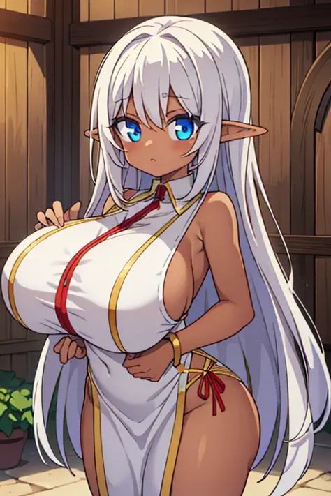 (tanned elf:1.2), (high fantasy slave outfit beige torn dress:1.2), (farm barn:1.2), (high resolution:1.2), (huge tits:1.2), tall, tall female, mature female, thick thighs, wide hips, ((tall)), ((tall female)), ((mature female))