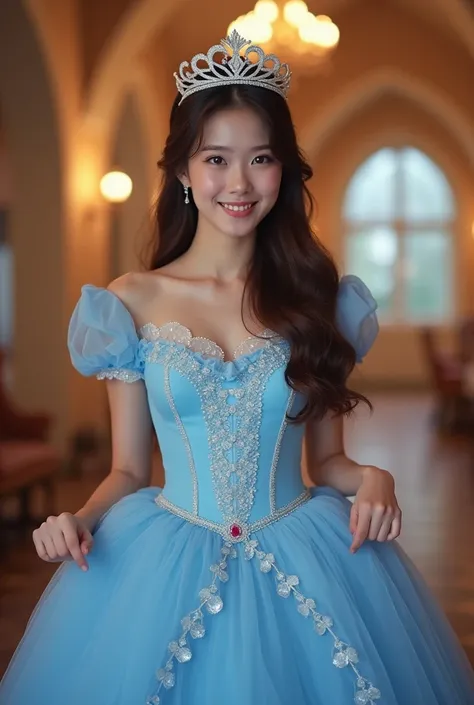 Brunette influencer, Cosplay as Cinderella outfit, cute tiera, pulling up her long blue dress dress revealing cute cotton panties, cute smile