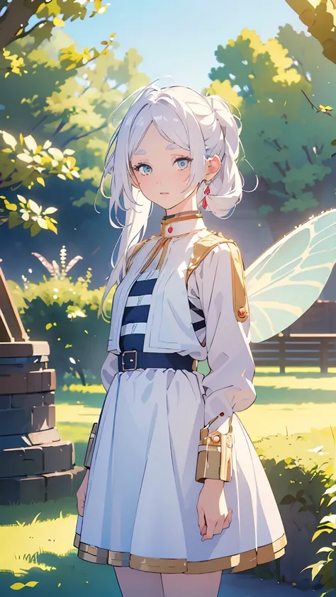 (Faerie girl1,white hair,Pale skin,Fairy ears),(Pinafore Dress),(Stand in a public park),Highly detailed ,8K wallpapers،Highest quality, high resolution, beautiful lighting, realistic shadow, high resolution،(highly detailed, detailed faces and eyes, reali...