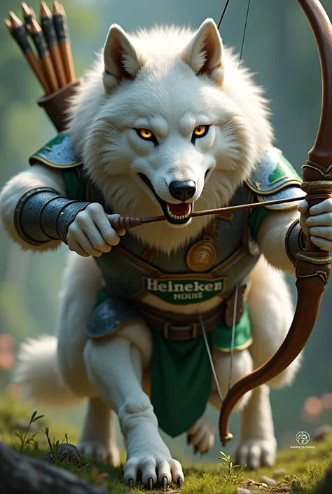 (photorealism:1.2), white wolf, happy, Heineken armor ,bow, struggling,  