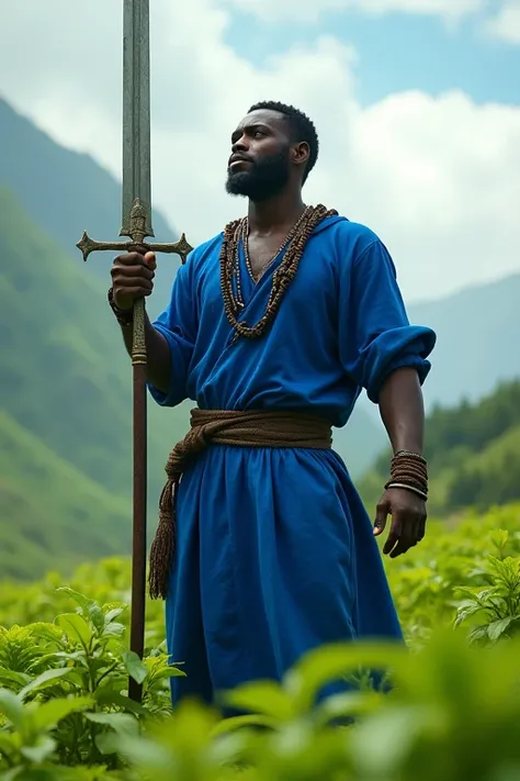 Orisha Black Man, warrior, shorth hair, blue clothing, holding a medieval sword raised in the hand with the tip pointing upwards, in a green field.
