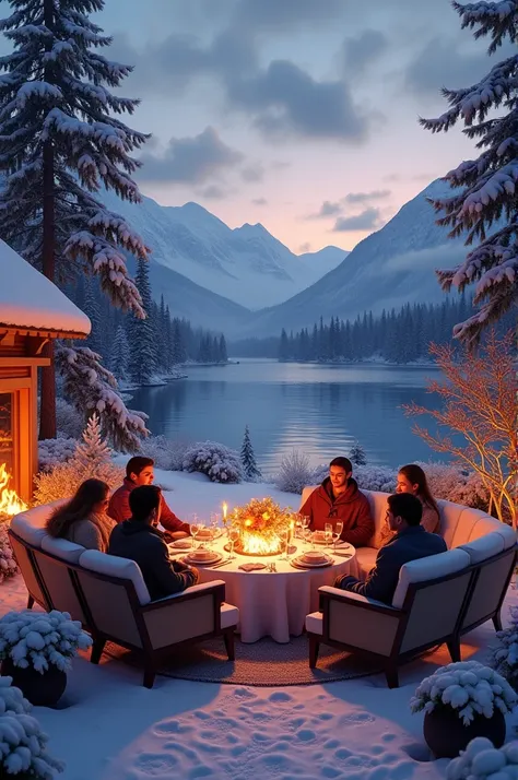 A beautiful backyard dinner with sofas lake outside at snowy view 