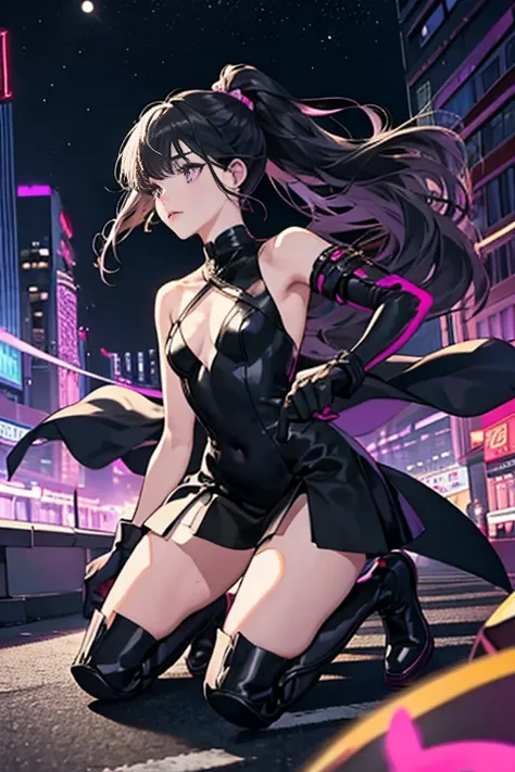 Anime Art、Hong Kong City Streets and Roads、Full body portrait、Modern street killer、Moonlit Ruins、Slim woman, height: about. 155cm, Around 15 years old, Wearing a black mini dress, Bare hands、Black over-the-knee socks、Ponytail Hairstyles、The eyes are covere...