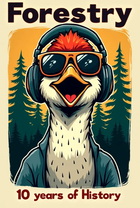 A pop art cartoon illustration of a woodpeckers face, wearing headphones and aviator sunglasses, to be used as a stamp for a university vest of a forestry athletics. Place trees in the background. The illustration must contain the writing "Forestry" above ...