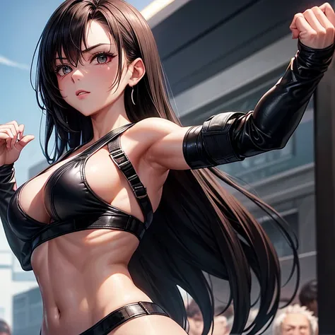 she is wearing black clothes, Exactly, High Cut Bodysuit.A woman who does mixed martial arts　Tifa Lockhart