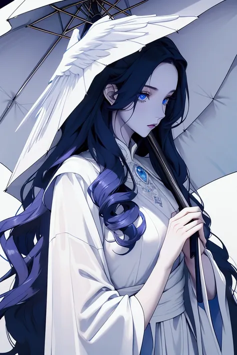 A tall girl with white skin, long wavy hair and royal blue eyes wears a mask with a white dress with black details. She has a blue-purple umbrella on her back, and angel wings are coming out.