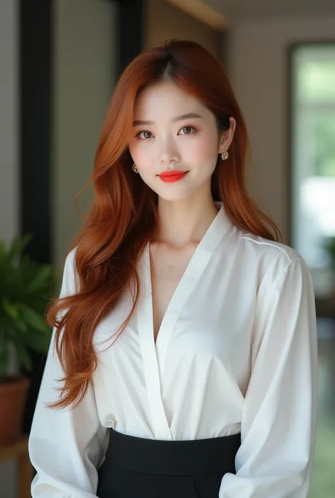 29 year old beautiful  Korean woman with long copper coloured hair and very pale skin. Almond shaped brown eyes, medium mouth and nose. White skin, red lipstick and eye make up. She is a secretary wearing an unbuttoned white blouse and black pencil skirt. ...