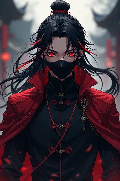 Male anime character, Cao Cao, black clothes with red details, mask covering mouth, red streaks in hair, Dark clothes, anime 4k