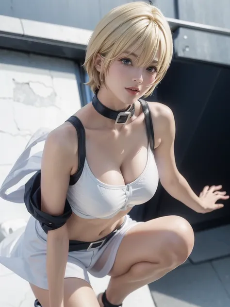 kurosaki mea、最high quality、high quality,, ((Masseter muscle area)), ((High resolution)), ((最high quality)), detailed, ((Glowing Skin)), (High leg bodysuit:1.2)、and, ((huge 、Blonde、Short Bob))、(White bondage, White waist cloak, White shorts), Voluptuous bus...